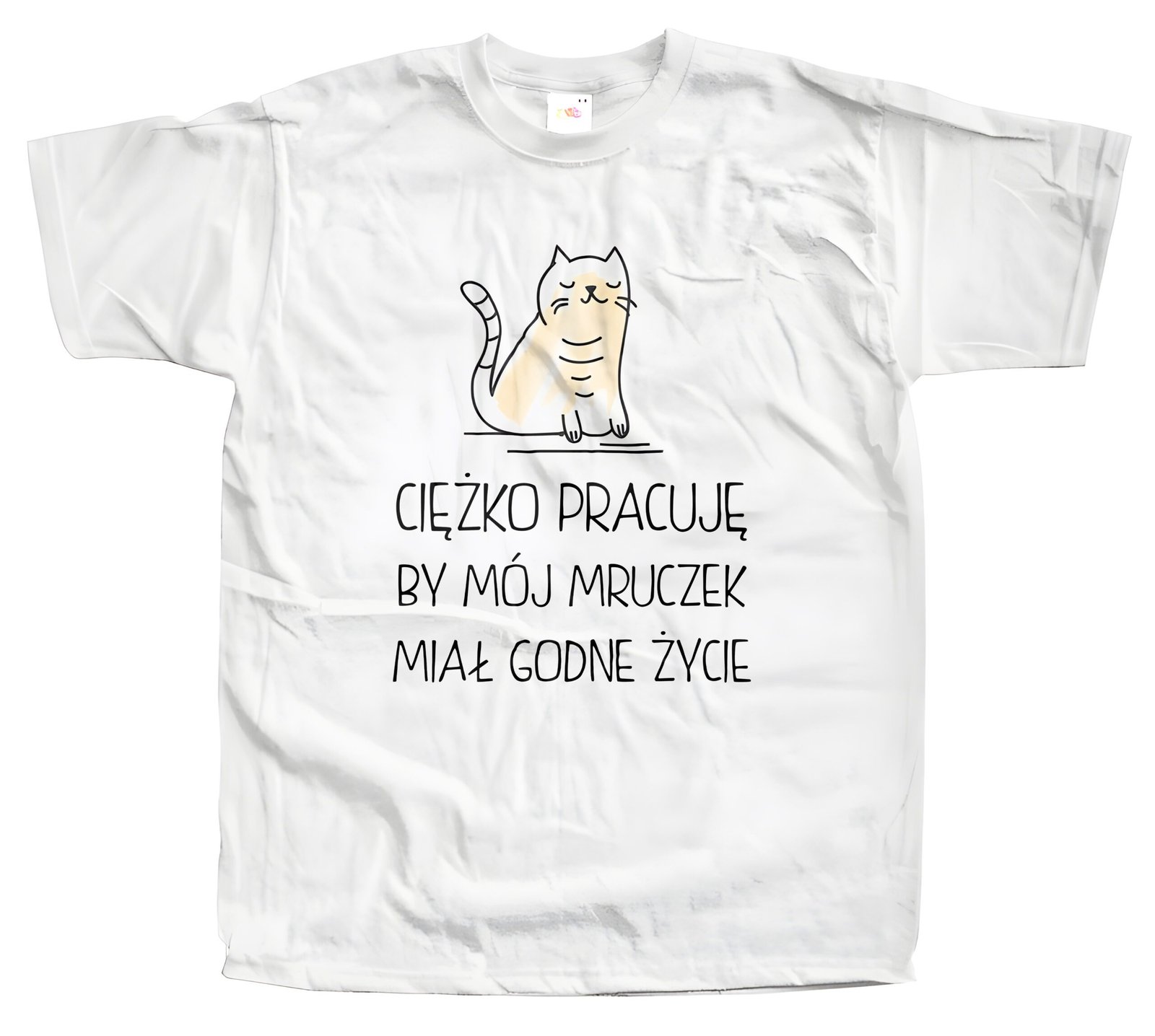Koszulka z nadrukiem dla kociarzy – Ciężko pracuję, by mój mruczek miał godne życie