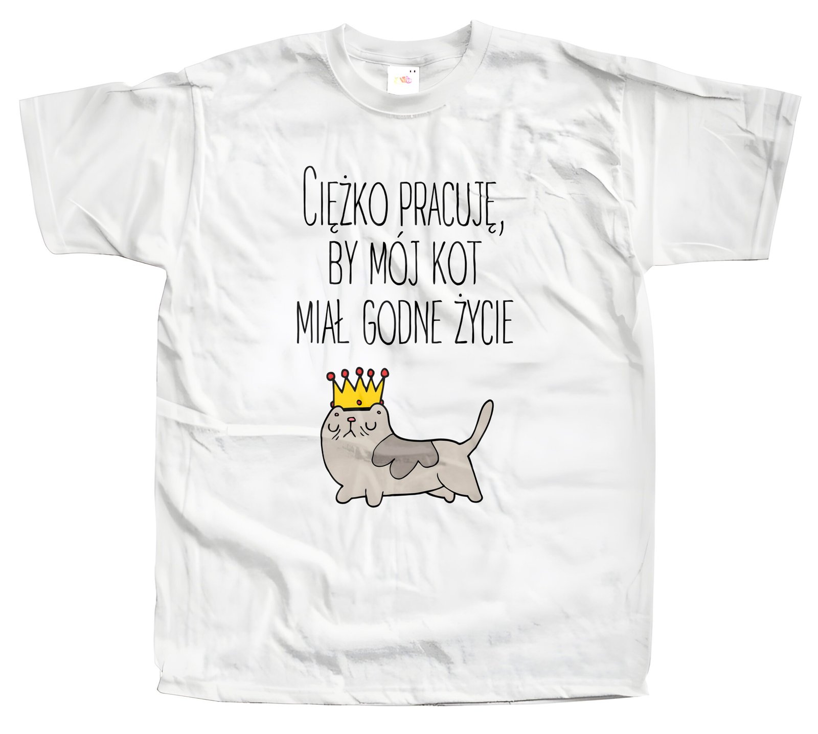 Koszulka z nadrukiem dla kociarzy – Ciężko pracuję, by mój kot miał godne życie